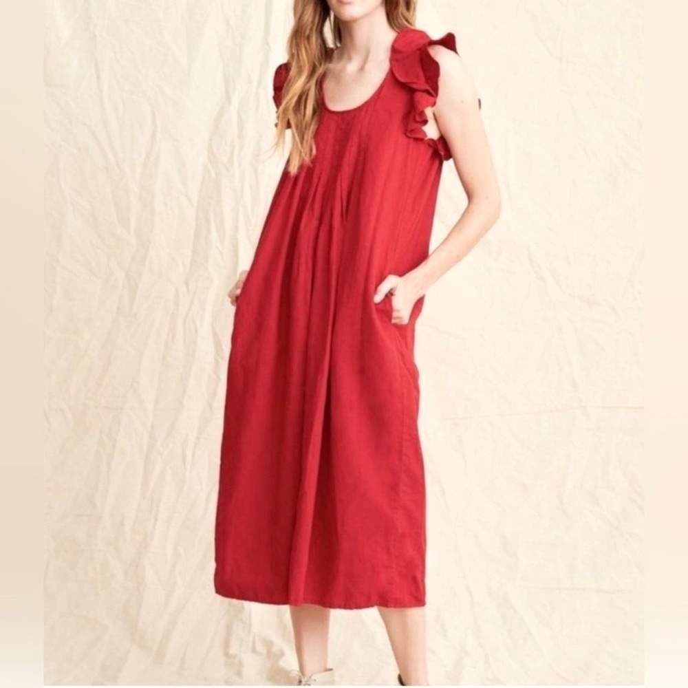 The Great Flutter Tulip Dress Red Linen Blend Ruffle Sleeve Midi Pockets L
